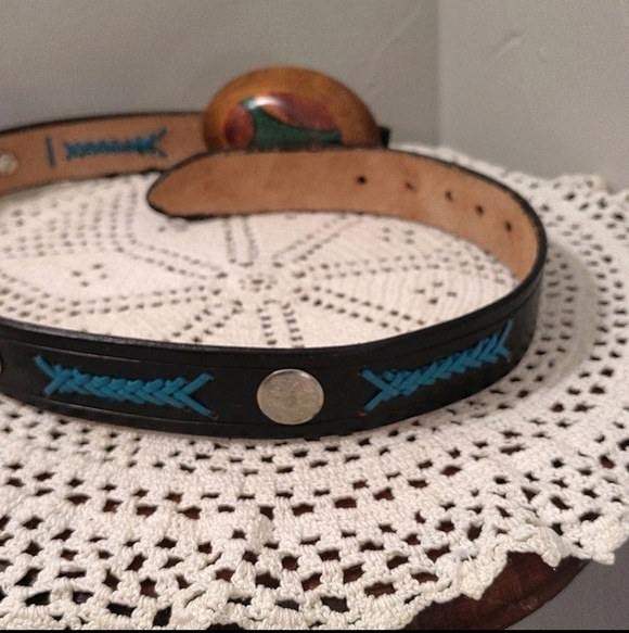 Abstract Wood & Turquoise inlay Stone Buckle Black Leather Belt Turquoise Stitch main image 9